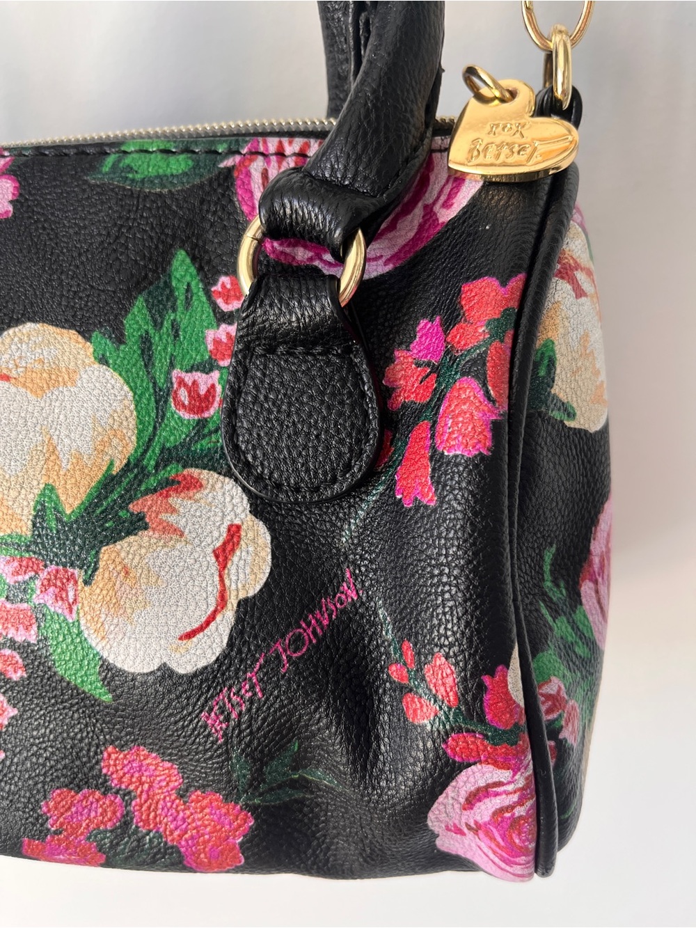 2 for $40- Betsey Johnson Black Floral Satchel with Gold Hardware and Large Bow - Picture 5 of 7